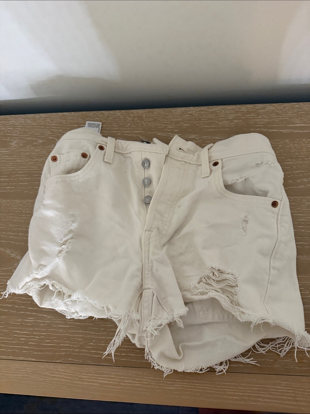 Levi's Cream Distressed Button-Fly Denim Shorts